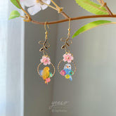 Cherry Blossom and Bird Earrings, Pink Sakura Floral Earrings, Japanese flower and bird earrings, unique dangle